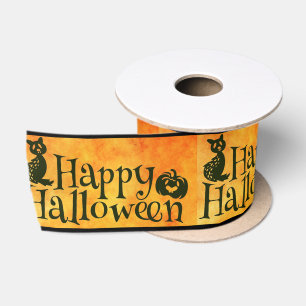 Happy Halloween Orange and Black Repeat Text Satin Ribbon