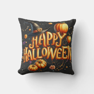 Happy Halloween Orange Balloon Letters Pumpkins Throw Pillow