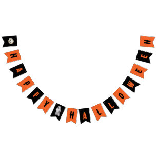 Happy Halloween Orange Black Skull Ghost  Bunting Flags