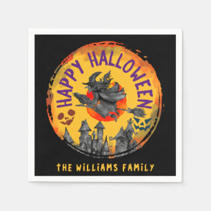 Happy Halloween Orange Black Witch Broomstick Napkin