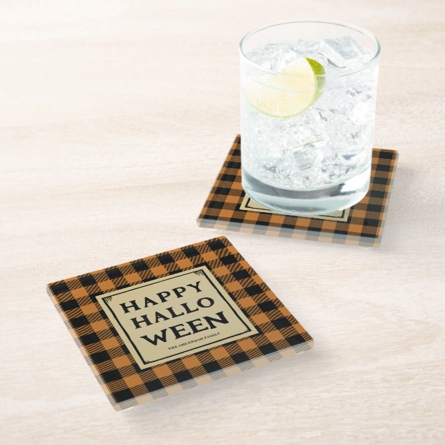  happy halloween orange check throw pillow glass coaster (Angled)