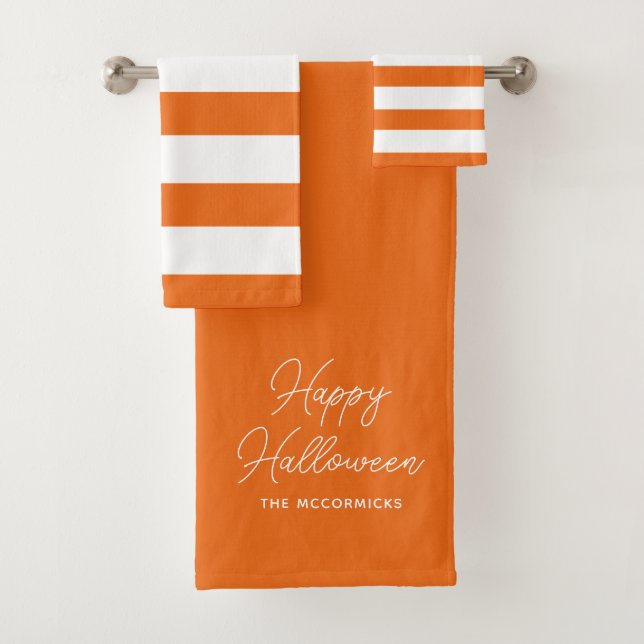 Happy Halloween Orange Chic Script Personalized Bath Towel Set (Insitu)