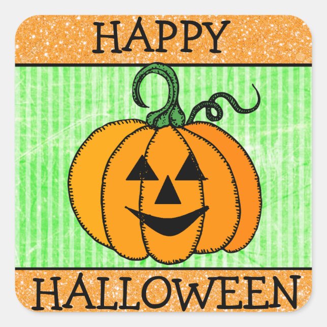 Happy Halloween Orange & Green Pumpkin Sticker (Front)