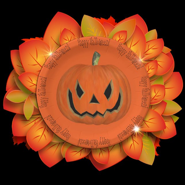 Happy Halloween Orange Jack Pumpkin Face Party Paper Plate (Creator Uploaded)