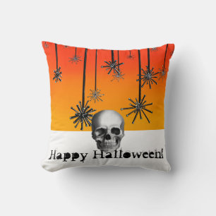 Happy Halloween orange ombre with skull Throw Pillow