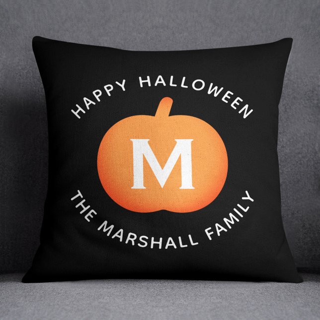 Happy Halloween Orange Pumpkin Family Monogram Throw Pillow (Creator Uploaded)