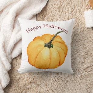 Happy Halloween orange pumpkin retro watercolor Throw Pillow