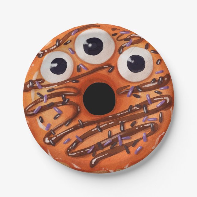 Happy Halloween Orange Three Eyed Monster Doughnut Paper Plate (Front)