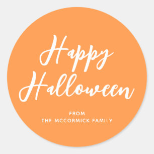 Happy Halloween Orange White Stylish Script Classic Round Sticker