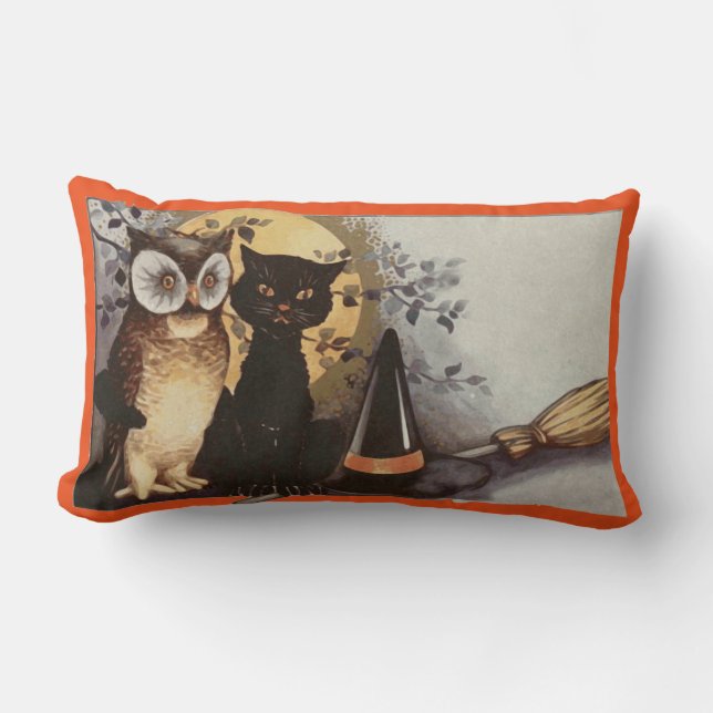 Happy Halloween Owl & Cat Lumbar Pillow (Front)