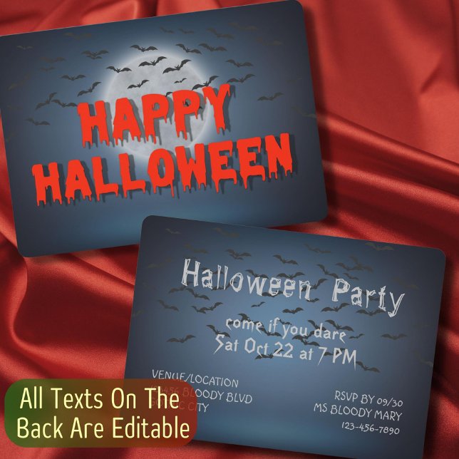 Happy Halloween Party Gothic Blood Full Moon Bats Invitation (Creator Uploaded)