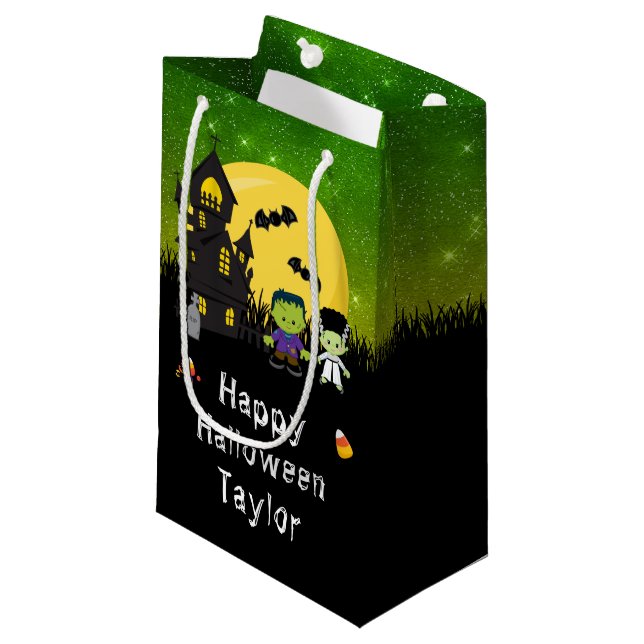 Happy Halloween Party Monsters Green Small Gift Bag (Front Angled)