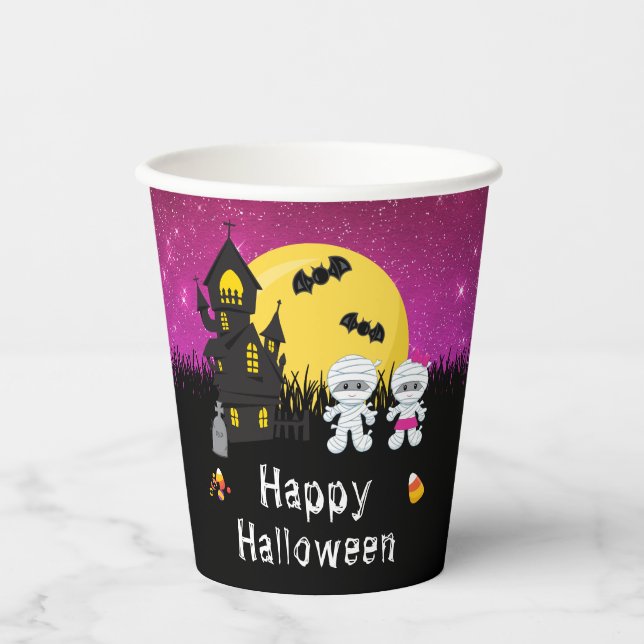 Happy Halloween Party Mummy Pink Paper Cups (Front)