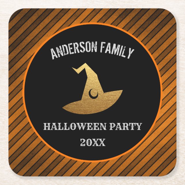 Happy Halloween Party Personalized Witch Hat Drink Square Paper Coaster (Front)