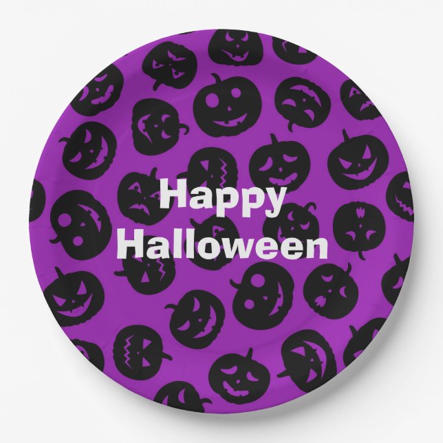 Happy Halloween Party Purple Pumpkin Paper Plate (Front)