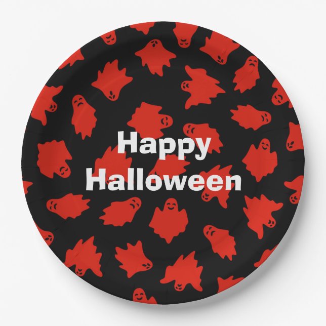 Happy Halloween Party Red Ghost Paper Plate (Front)
