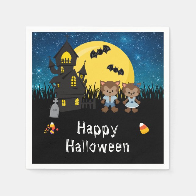 Happy Halloween Party Werewolf Blue Napkin (Front)