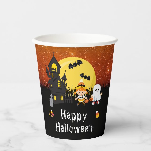 Happy Halloween Party Witch Ghost Orange Paper Cups (Front)