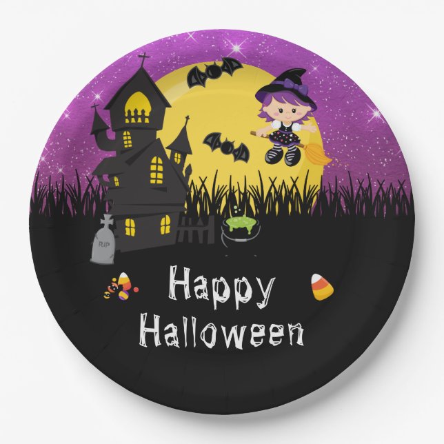 Happy Halloween Party Witch Purple Paper Plate (Front)