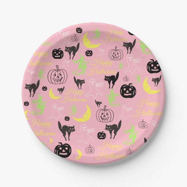 Happy Halloween Pattern Pink Paper Plate (Front)