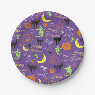 Happy Halloween Pattern Purple Paper Plate