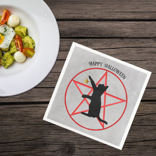 Happy Halloween Pentagram Black Cat Star on Grey Napkin