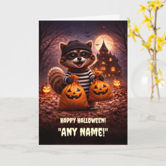 Happy Halloween Personalized Name Cute Raccoon Card