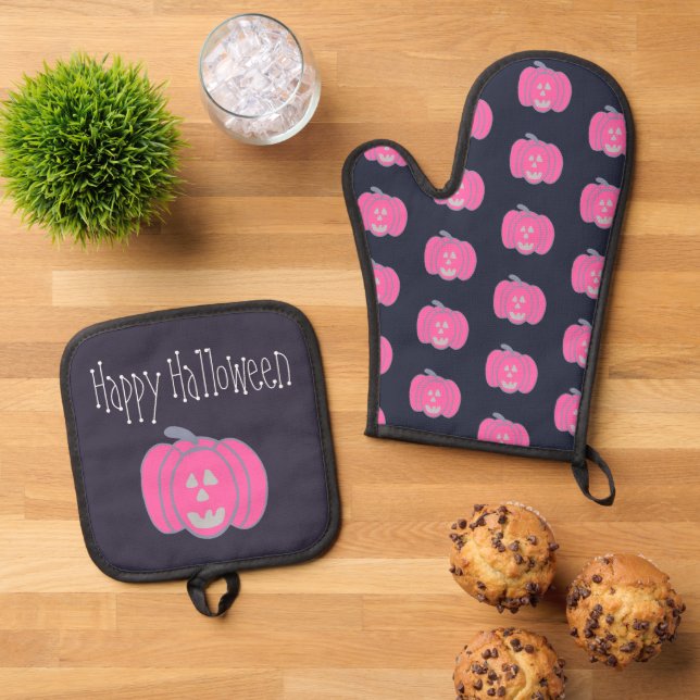 Happy Halloween Pink Jack-o-lanterns Oven Mitt & Pot Holder Set (Top Down)