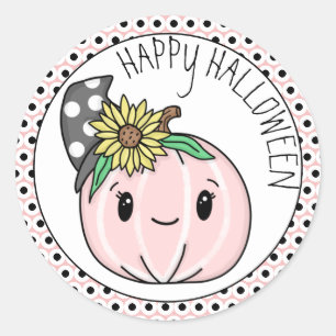 Happy Halloween   Pink Pumpkin and Polka Dots Classic Round Sticker