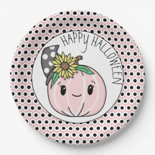 Happy Halloween   Pink Pumpkin and Polka Dots  Paper Plate