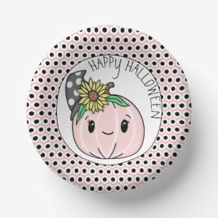 Happy Halloween Pink Pumpkin and Polka Dots Paper Plate