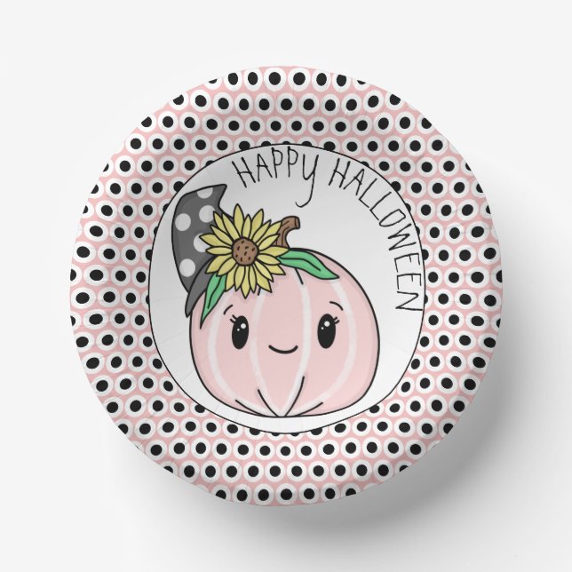 Happy Halloween | Pink Pumpkin and Polka Dots    Paper Plate (Front)