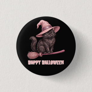 Happy Halloween Pinkoween Vintage Black Witch Cat 1 Inch Round Button