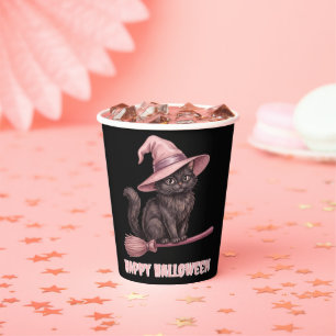 Happy Halloween Pinkoween Vintage Black Witch Cat Paper Cups
