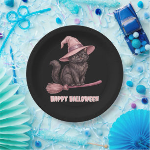 Happy Halloween Pinkoween Vintage Black Witch Cat Paper Plate