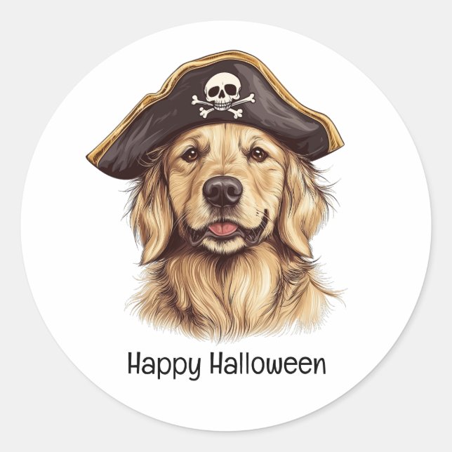 Happy Halloween Pirate Golden Retriever Dog Skull Classic Round Sticker (Front)