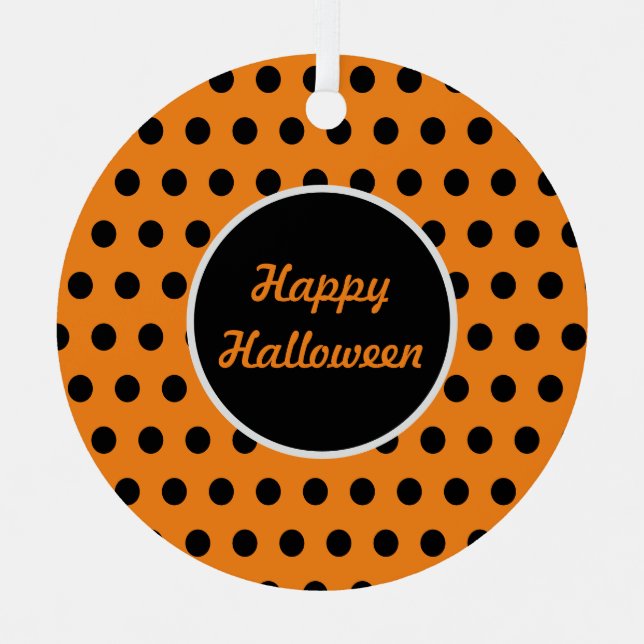 Happy Halloween Polka Dot Metal Ornament (Orange) (Front)