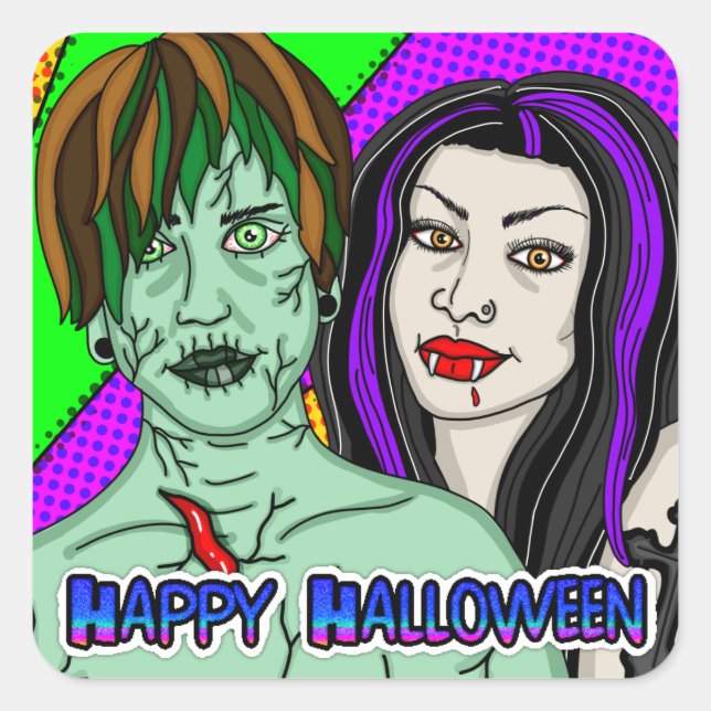 Happy Halloween | Pop Art zombie Vampire Square Sticker (Front)