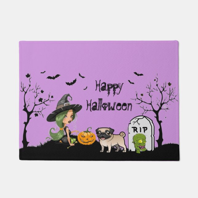 Happy Halloween Pug And Cute Witch Doormat (Front)