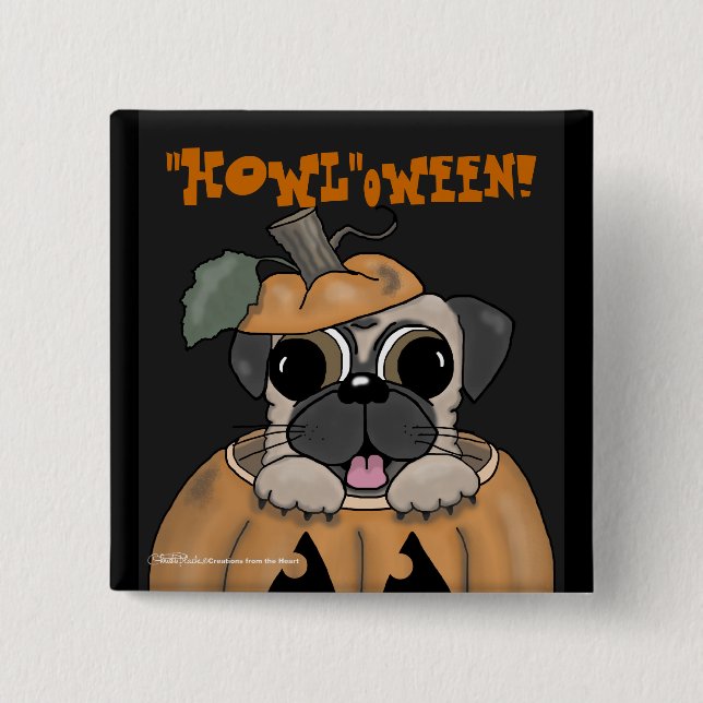 Happy Halloween-Pug in Jack O' Lantern 2 Inch Square Button (Front)