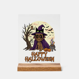 Happy Halloween Pug Witch Hat Cauldron Pumpkins_1 Acrylic Sign