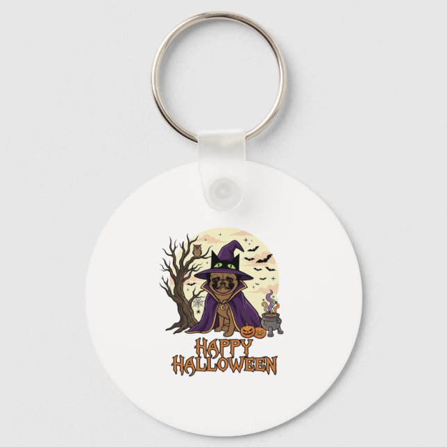 Happy Halloween Pug Witch Hat Cauldron Pumpkins_1 Keychain (Front)