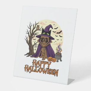 Happy Halloween Pug Witch Hat Cauldron Pumpkins_1 Pedestal Sign