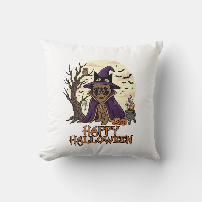 Happy Halloween Pug Witch Hat Cauldron Pumpkins_1 Throw Pillow (Front)