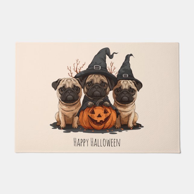 Happy Halloween Pugs Jack O Lanterns Doormat (Front)