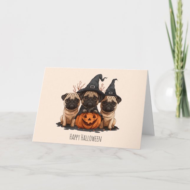 Happy Halloween Pugs Jack O Lanterns Holiday Card (Front)