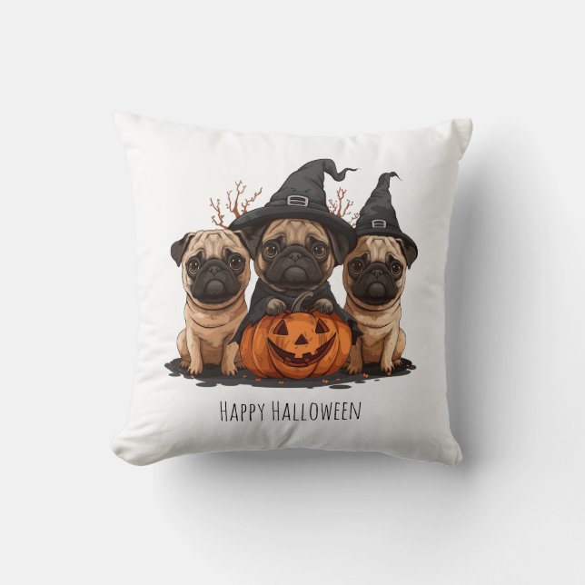 Happy Halloween Pugs Jack O Lanterns Throw Pillow (Front)