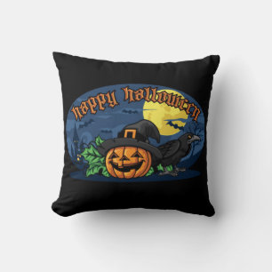 Happy Halloween Pumpkin And Crow Throw Pillow