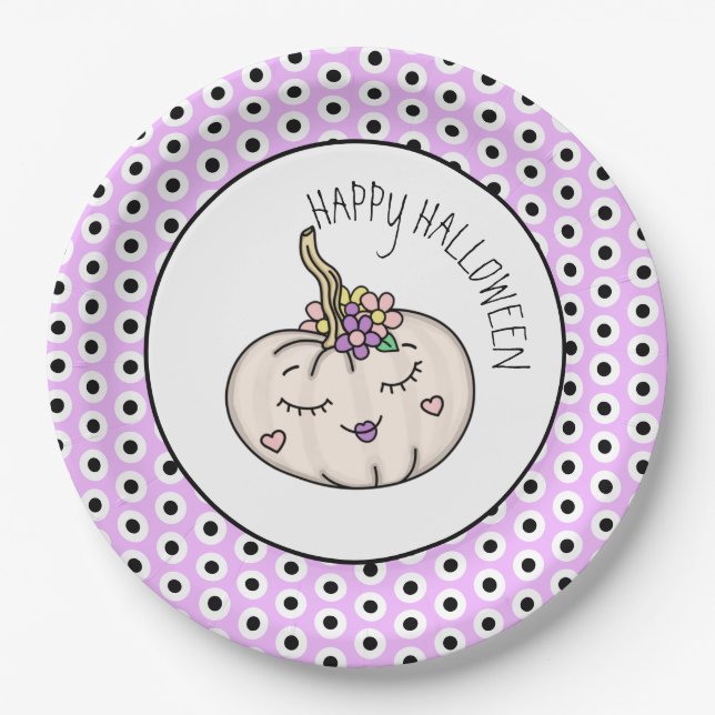 Happy Halloween | Pumpkin and Polka Dots  Paper Plate (Front)