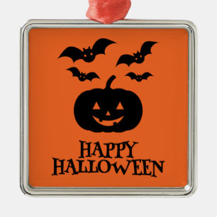 Happy Halloween Pumpkin Bat Minimal Metal Ornament